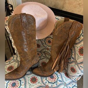 Idyllwind Brown Distressed Leather Fringe Western Knee-High Boots